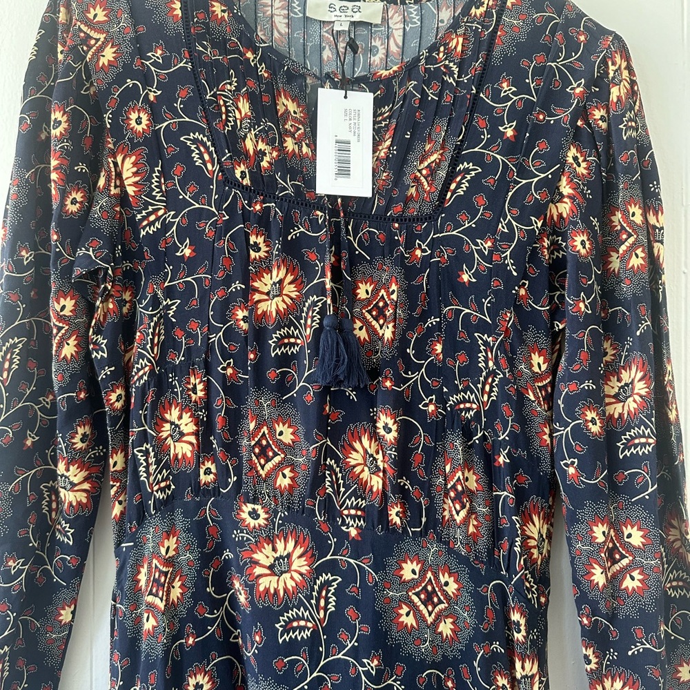 Sea New York Robina 3/4 Sleeve Maxi Long Dress Navy Floral Cottagecore Tassel - Picture 7 of 13